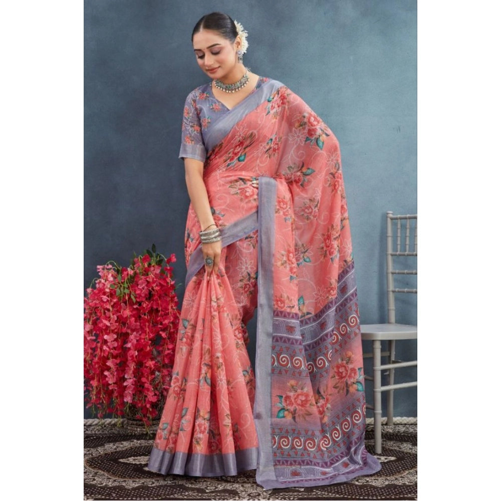 Amfyn Women's Linen Floral Printed Saree With Unstitched Blouse 5.5Mtr (Peach)