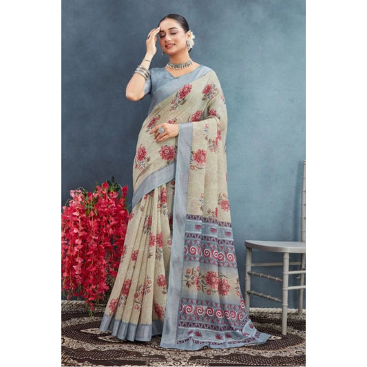 Amfyn Women's Linen Floral Printed Saree With Unstitched Blouse 5.5Mtr (Beige)