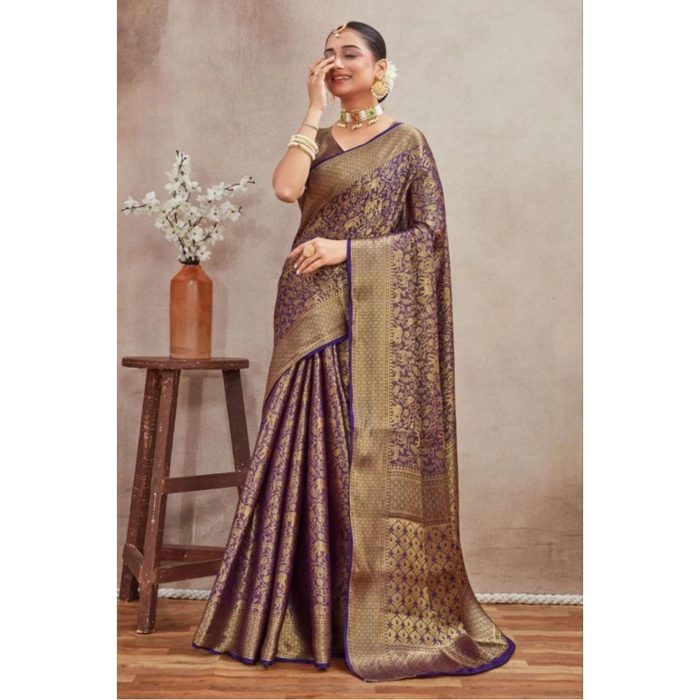 Amfyn Women's Silk Blend Floral Printed Saree With Unstitched Blouse 5.5Mtr (Navy Blue)