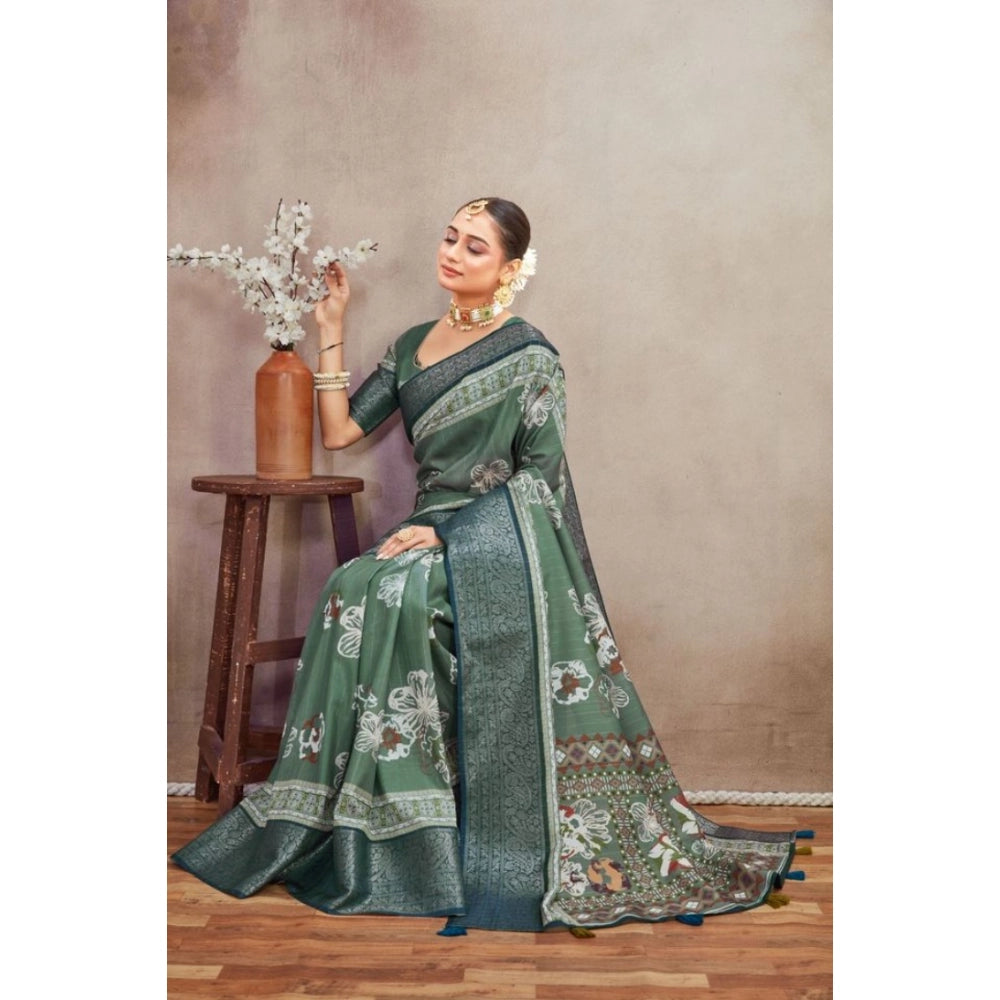 Amfyn Women's Crepe Silk Printed Saree With Unstitched Blouse 5.5Mtr (Green)