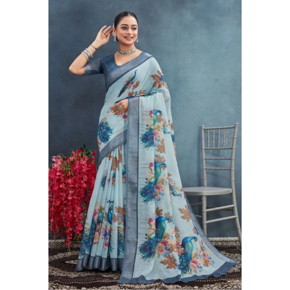 Amfyn Women's Linen Floral Printed Saree With Unstitched Blouse 5.5Mtr (Grey)