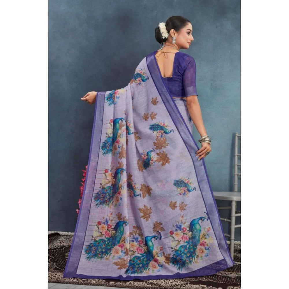 Amfyn Women's Linen Floral Printed Saree With Unstitched Blouse 5.5Mtr (Purple)