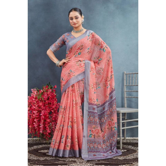 Amfyn Women's Linen Floral Printed Saree With Unstitched Blouse 5.5Mtr (Peach)