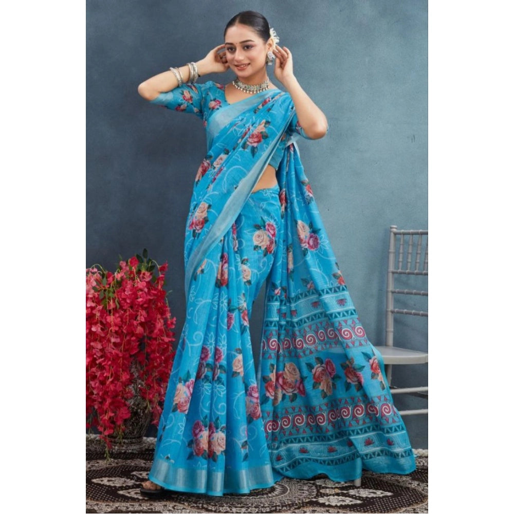 Amfyn Women's Linen Floral Printed Saree With Unstitched Blouse 5.5Mtr (Blue)