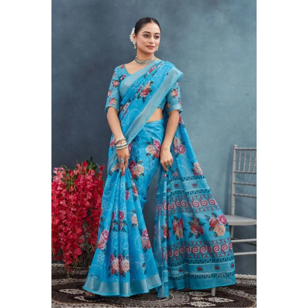 Amfyn Women's Linen Floral Printed Saree With Unstitched Blouse 5.5Mtr (Blue)