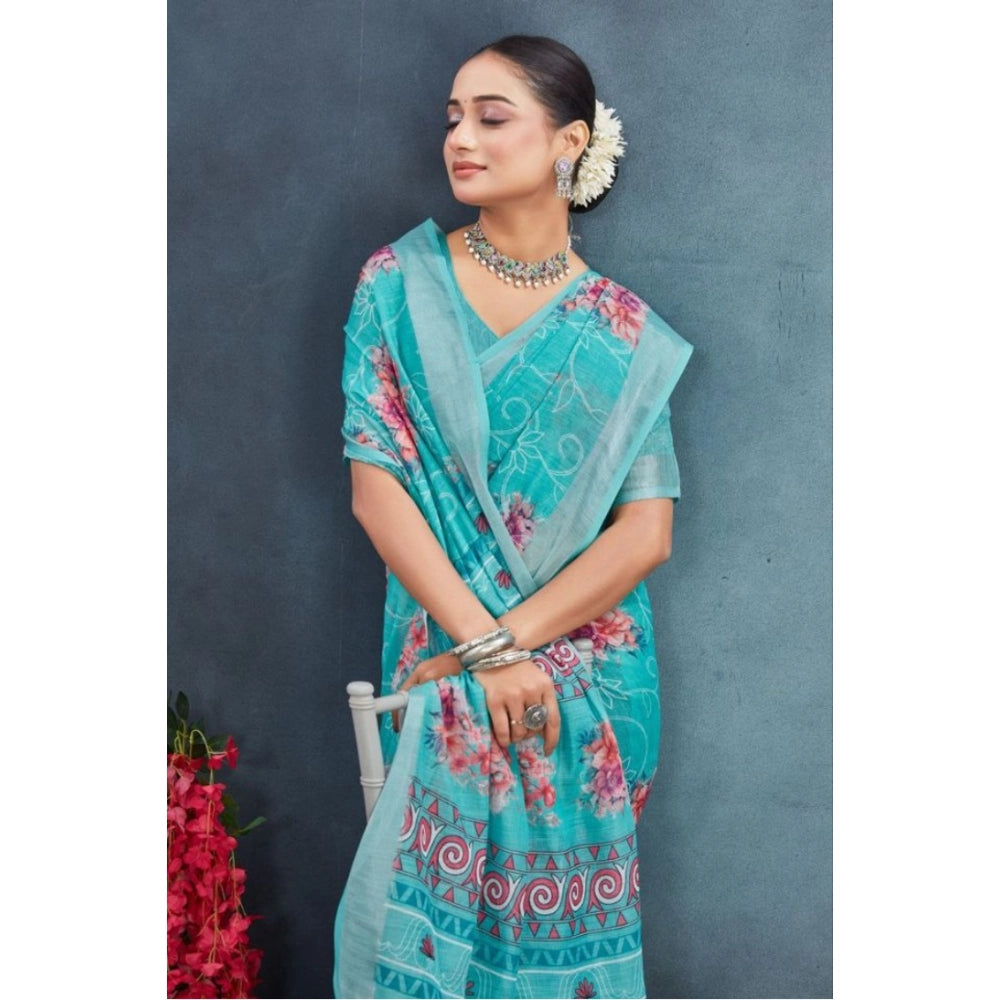 Amfyn Women's Linen Floral Printed Saree With Unstitched Blouse 5.5Mtr (Aqua)