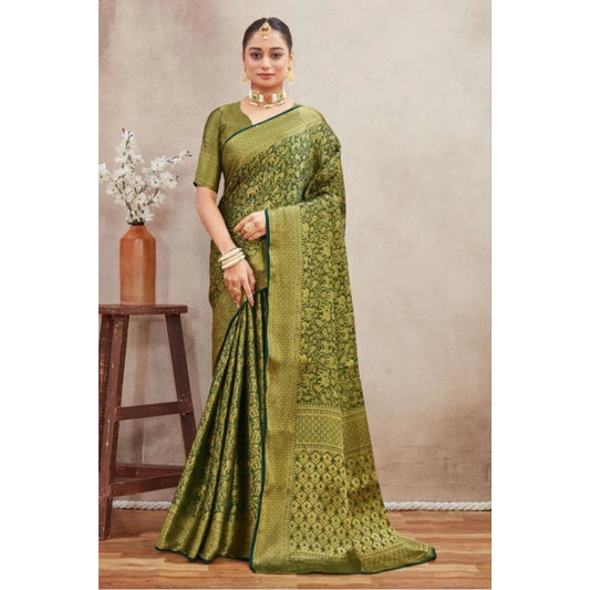 Amfyn Women's Silk Blend Floral Printed Saree With Unstitched Blouse 5.5Mtr (Green)