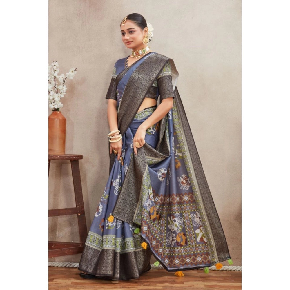 Amfyn Women's Crepe Silk Printed Saree With Unstitched Blouse 5.5Mtr (Grey)