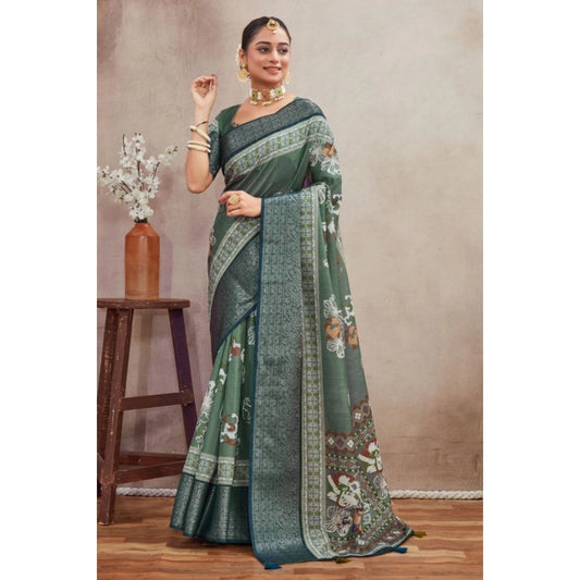 Amfyn Women's Crepe Silk Printed Saree With Unstitched Blouse 5.5Mtr (Green)