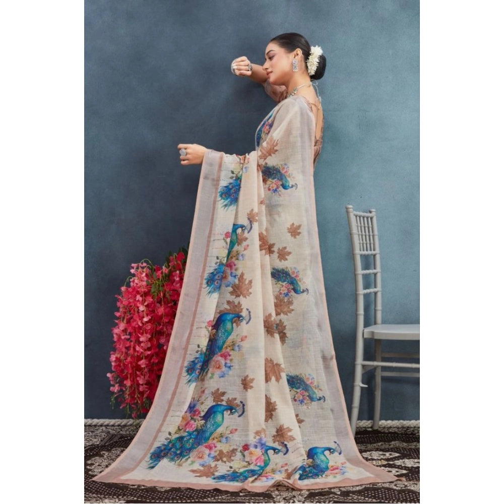 Amfyn Women's Linen Floral Printed Saree With Unstitched Blouse 5.5Mtr (Beige)
