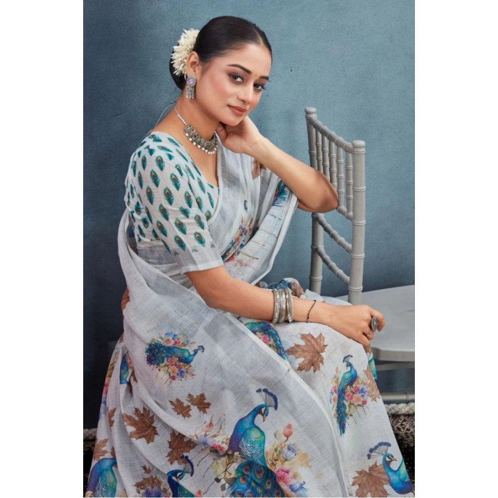 Amfyn Women's Linen Floral Printed Saree With Unstitched Blouse 5.5Mtr (Off-White)