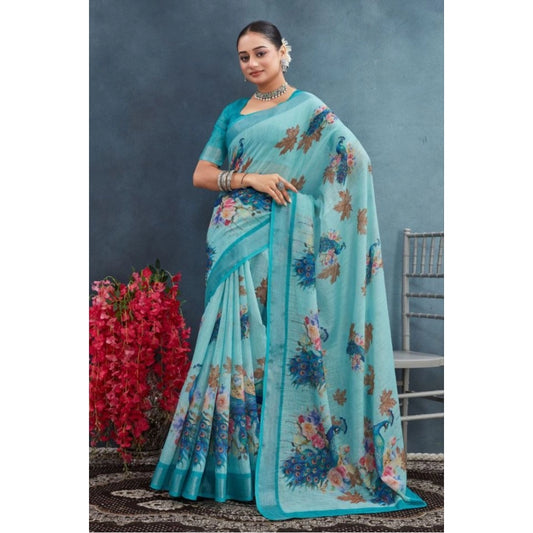 Amfyn Women's Linen Floral Printed Saree With Unstitched Blouse 5.5Mtr (Aqua)