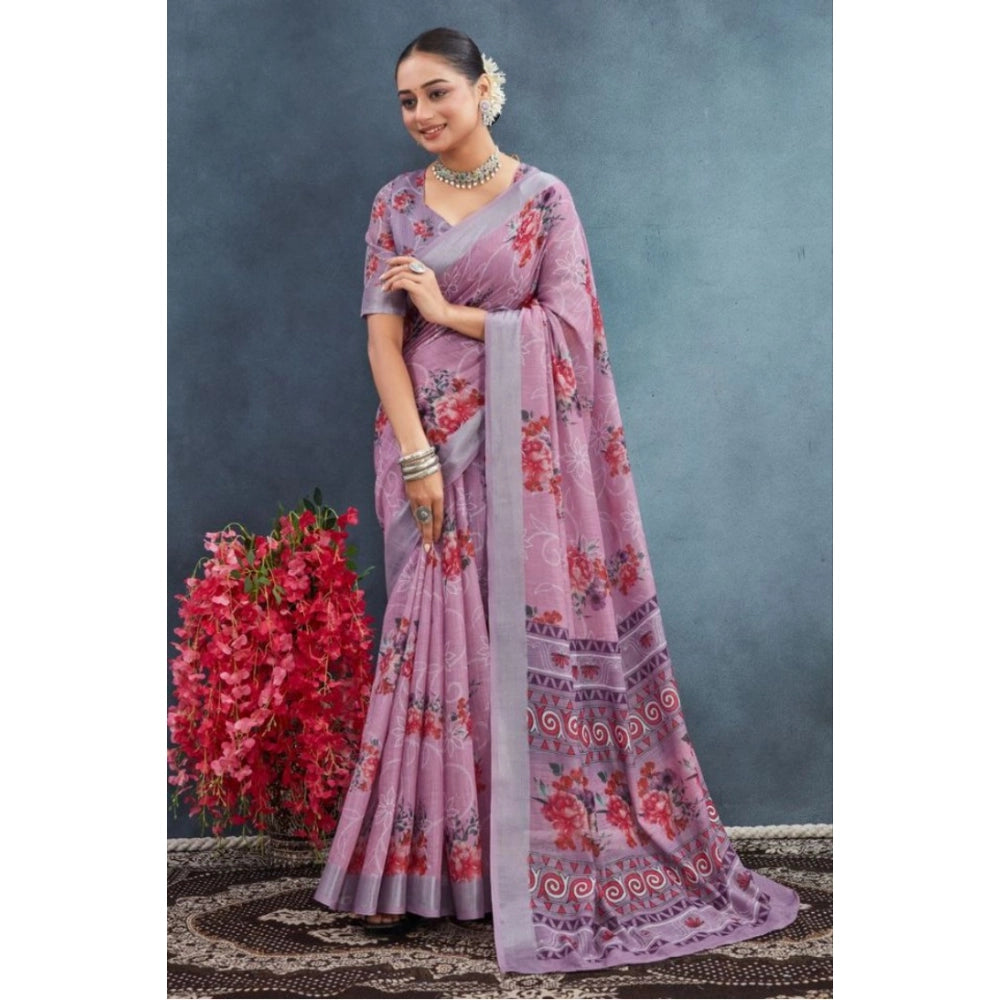 Amfyn Women's Linen Floral Printed Saree With Unstitched Blouse 5.5Mtr (Purple)