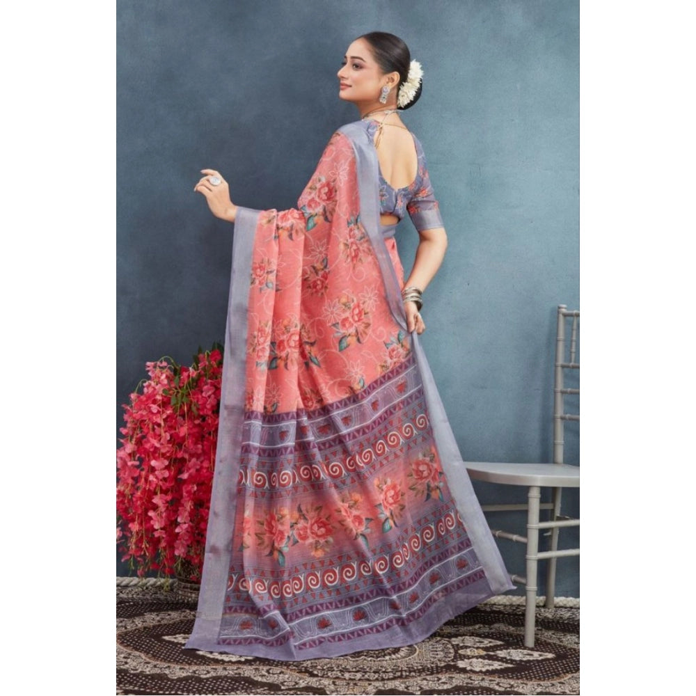 Amfyn Women's Linen Floral Printed Saree With Unstitched Blouse 5.5Mtr (Peach)