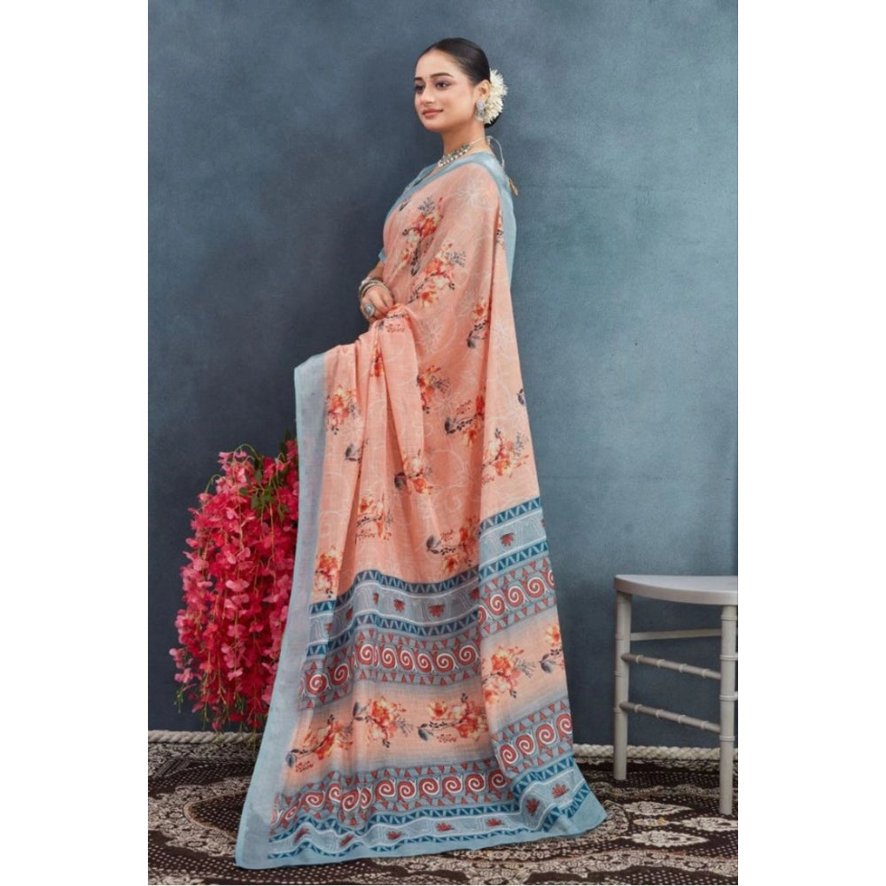 Amfyn Women's Linen Floral Printed Saree With Unstitched Blouse 5.5Mtr (Orange)