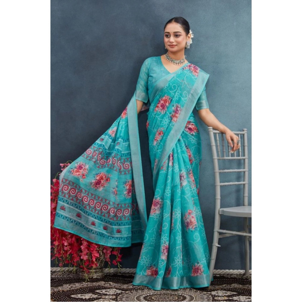 Amfyn Women's Linen Floral Printed Saree With Unstitched Blouse 5.5Mtr (Aqua)