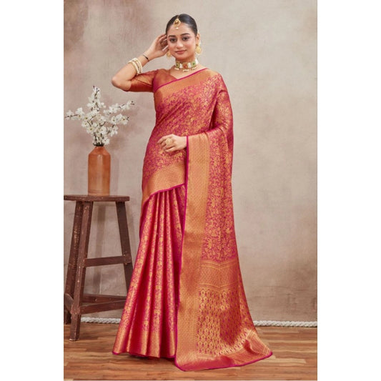 Amfyn Women's Silk Blend Floral Printed Saree With Unstitched Blouse 5.5Mtr (Pink)