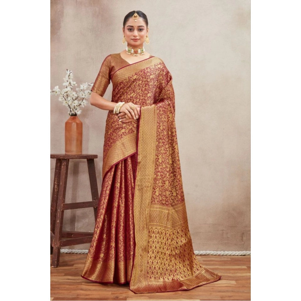 Amfyn Women's Silk Blend Floral Printed Saree With Unstitched Blouse 5.5Mtr (Brown)