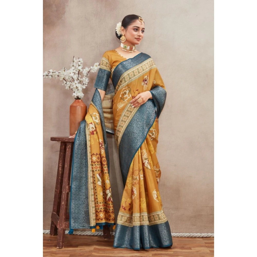 Amfyn Women's Crepe Silk Printed Saree With Unstitched Blouse 5.5Mtr (Mustard)