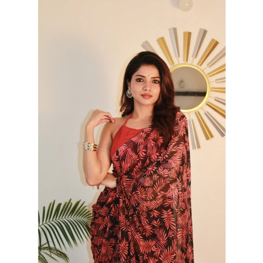 Amfyn Women's Georgette Printed Saree With Unstitched Blouse 5.5Mtr (Red)