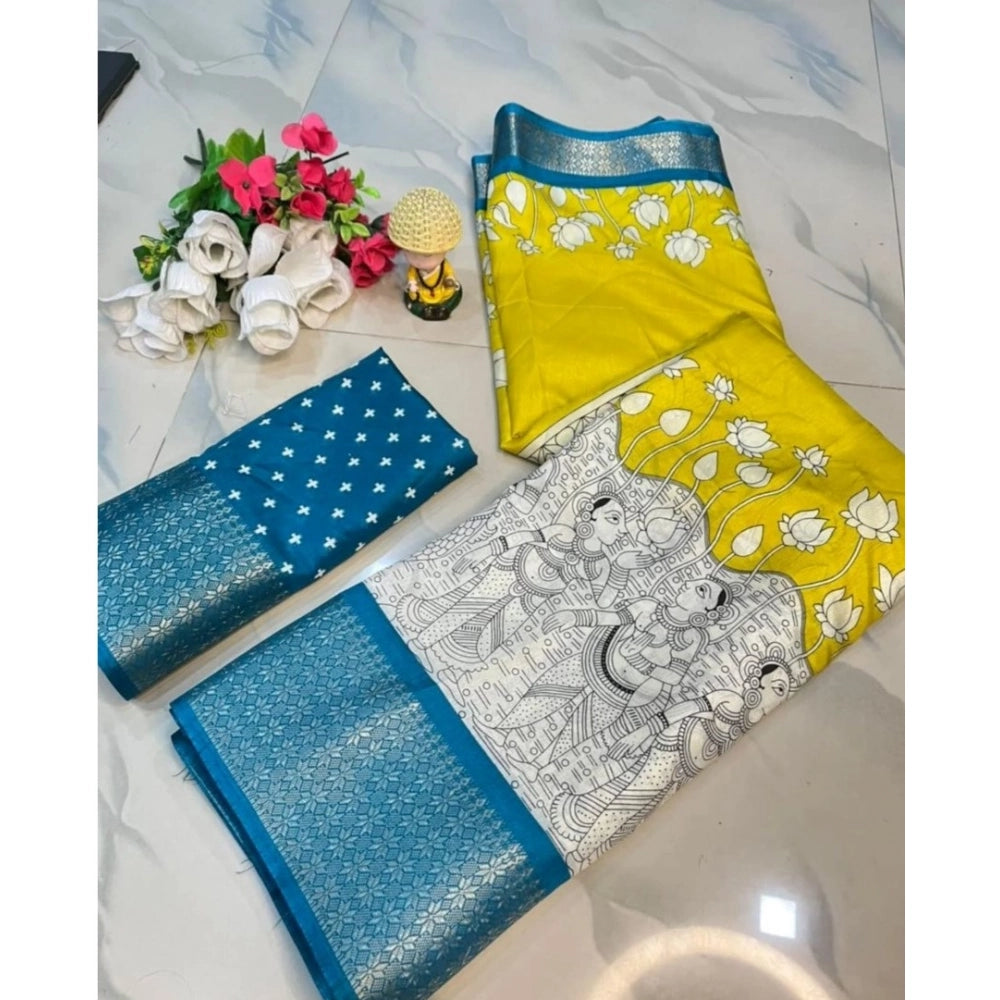 Amfyn Women's Dola Silk Printed Saree With Unstitched Blouse 5.5Mtr (Yellow )