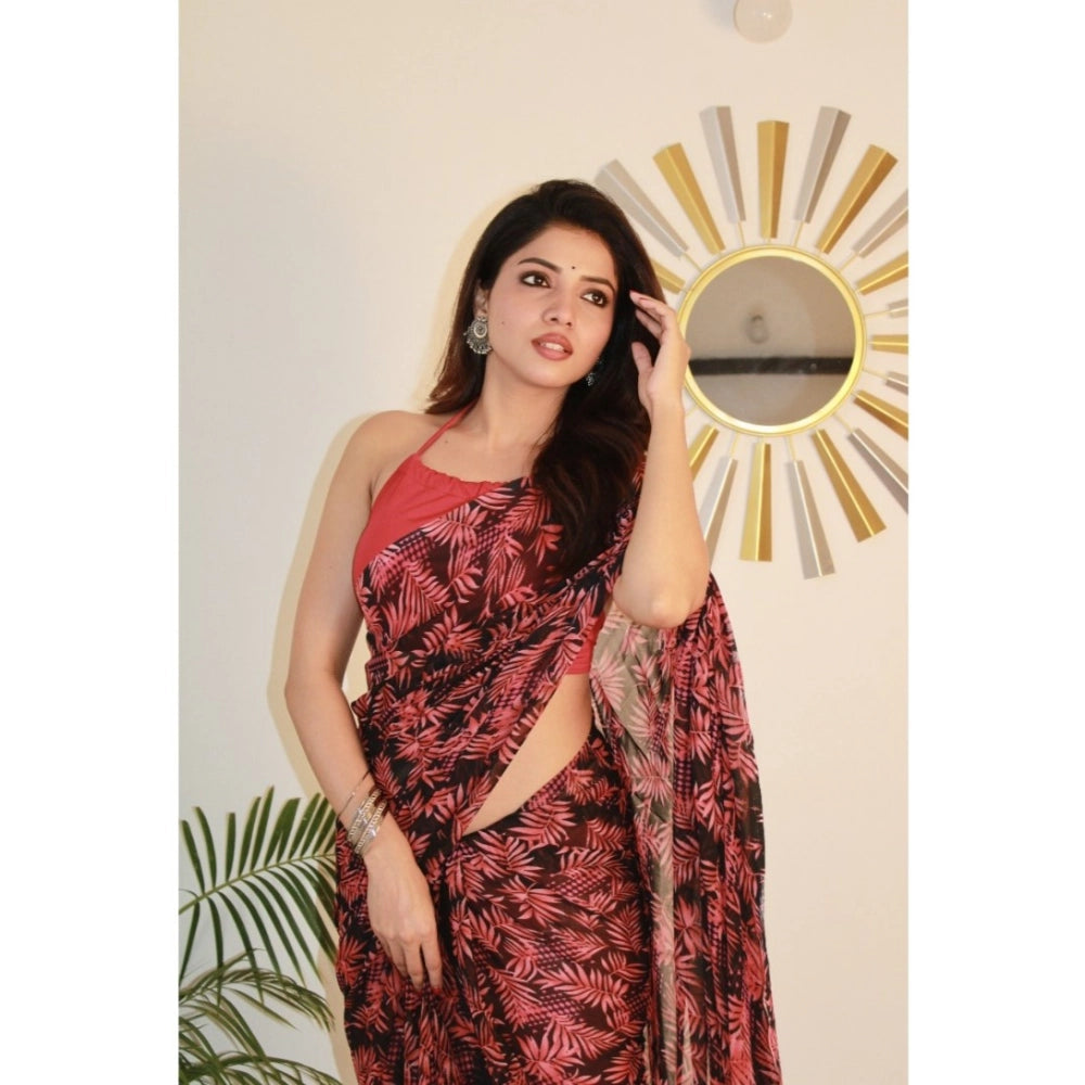 Amfyn Women's Georgette Printed Saree With Unstitched Blouse 5.5Mtr (Red)