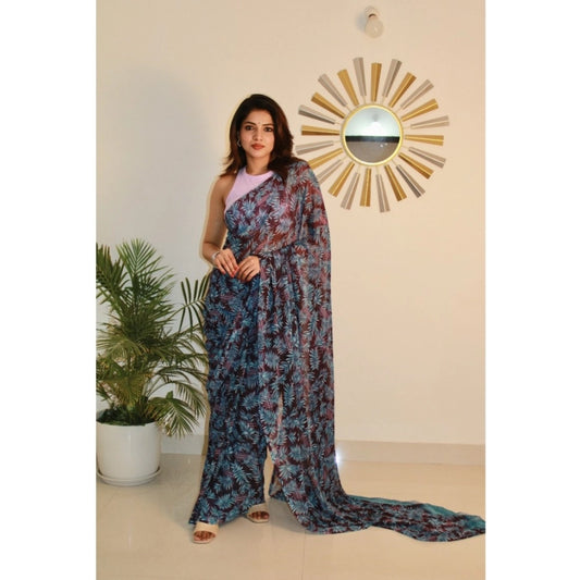 Amfyn Women's Georgette Printed Saree With Unstitched Blouse 5.5Mtr (Light Blue )