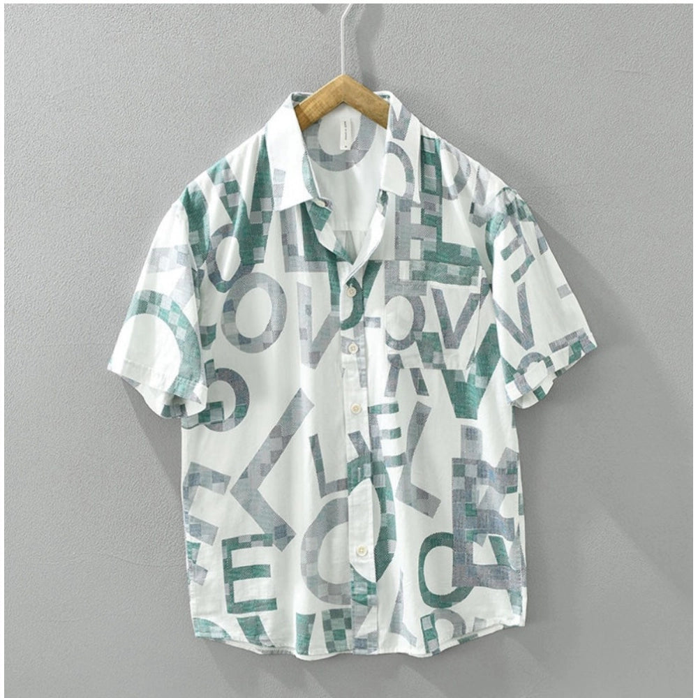 Amfyn Men's Casual Cotton Printed 3-4th Sleeve Collar Shirt (White )