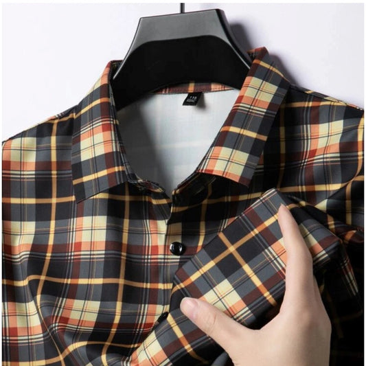 Amfyn Men's Casual Cotton Checked 3-4th Sleeve Collar Shirt (Orange)