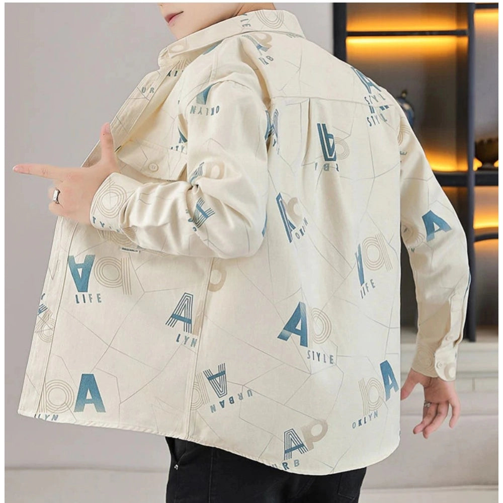 Amfyn Men's Casual Cotton Printed Full Sleeve Collar Shirt (Beige)