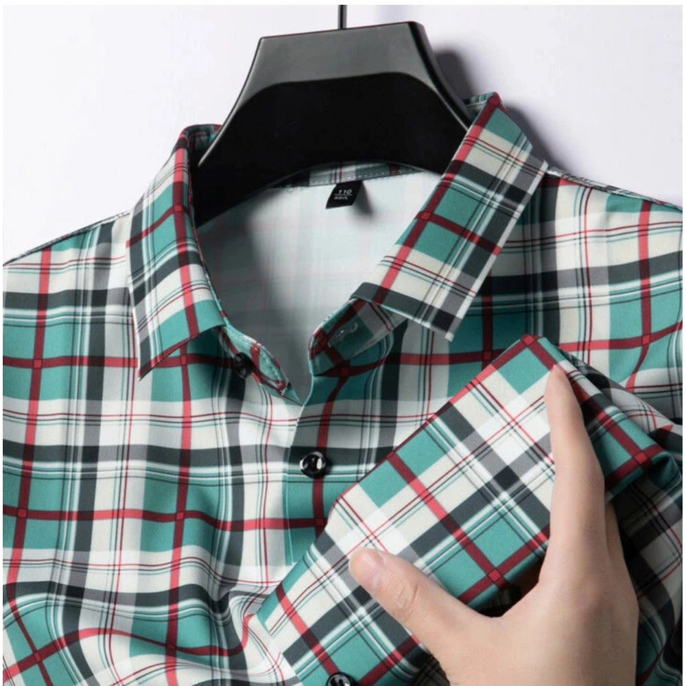 Amfyn Men's Casual Cotton Checked 3-4th Sleeve Collar Shirt (Blue)
