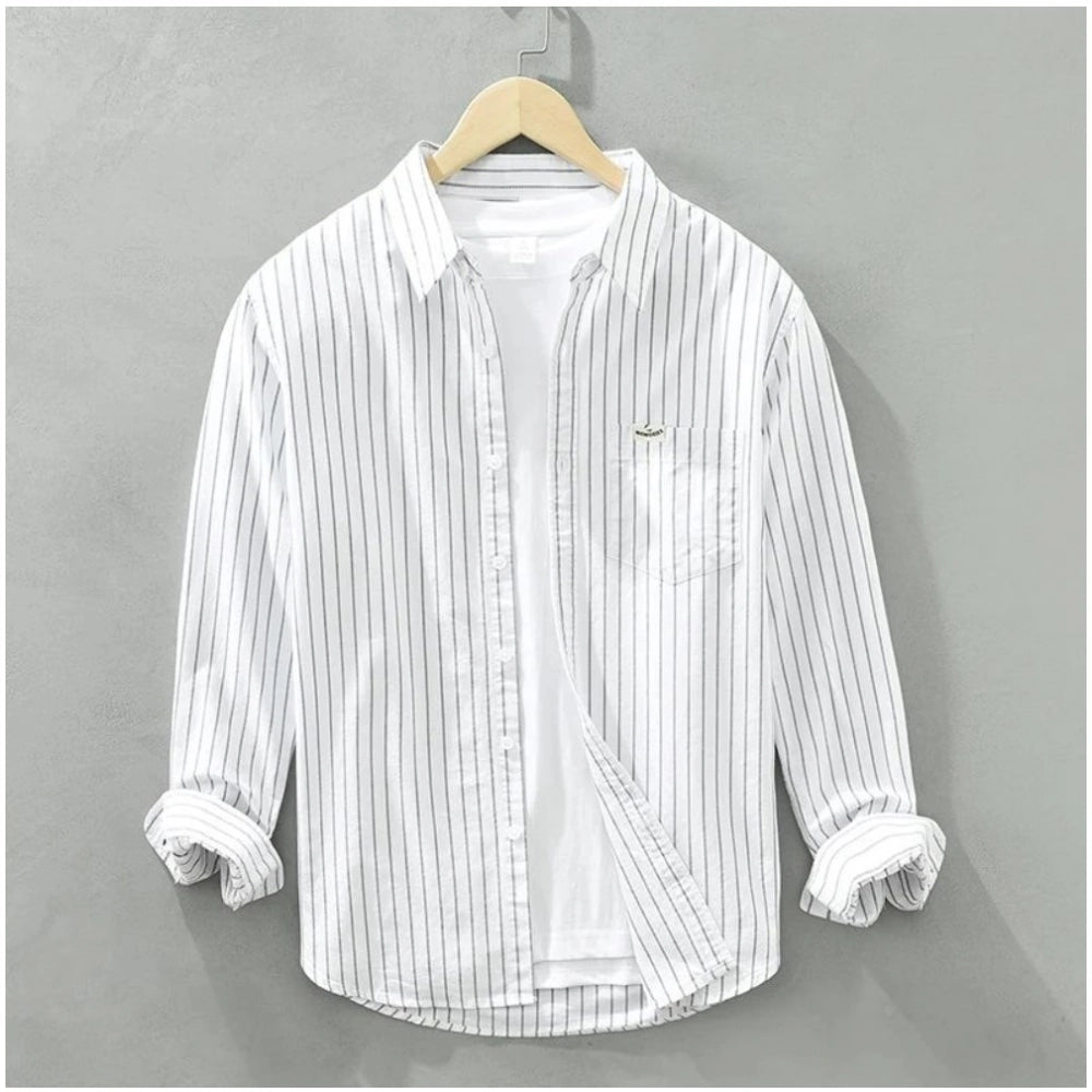 Amfyn Men's Casual Cotton Striped Full Sleeve Collar Shirt (White)