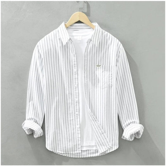 Amfyn Men's Casual Cotton Striped Full Sleeve Collar Shirt (White)