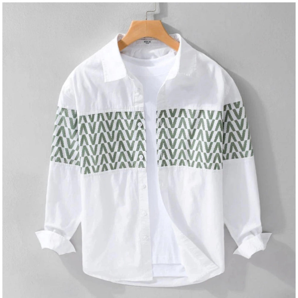 Amfyn Men's Casual Cotton Printed Full Sleeve Collar Shirt (White)