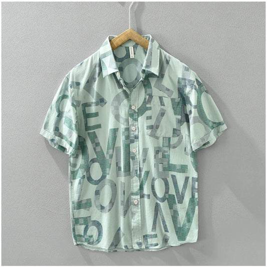 Amfyn Men's Casual Cotton Printed 3-4th Sleeve Collar Shirt (Green)