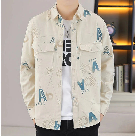 Amfyn Men's Casual Cotton Printed Full Sleeve Collar Shirt (Beige)