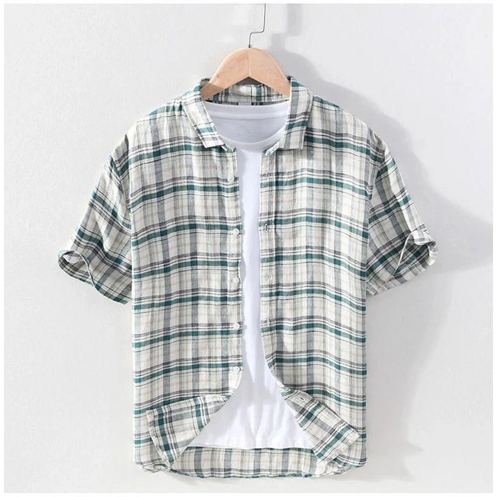 Amfyn Men's Casual Cotton Checked 3-4th Sleeve Collar Shirt (Blue)