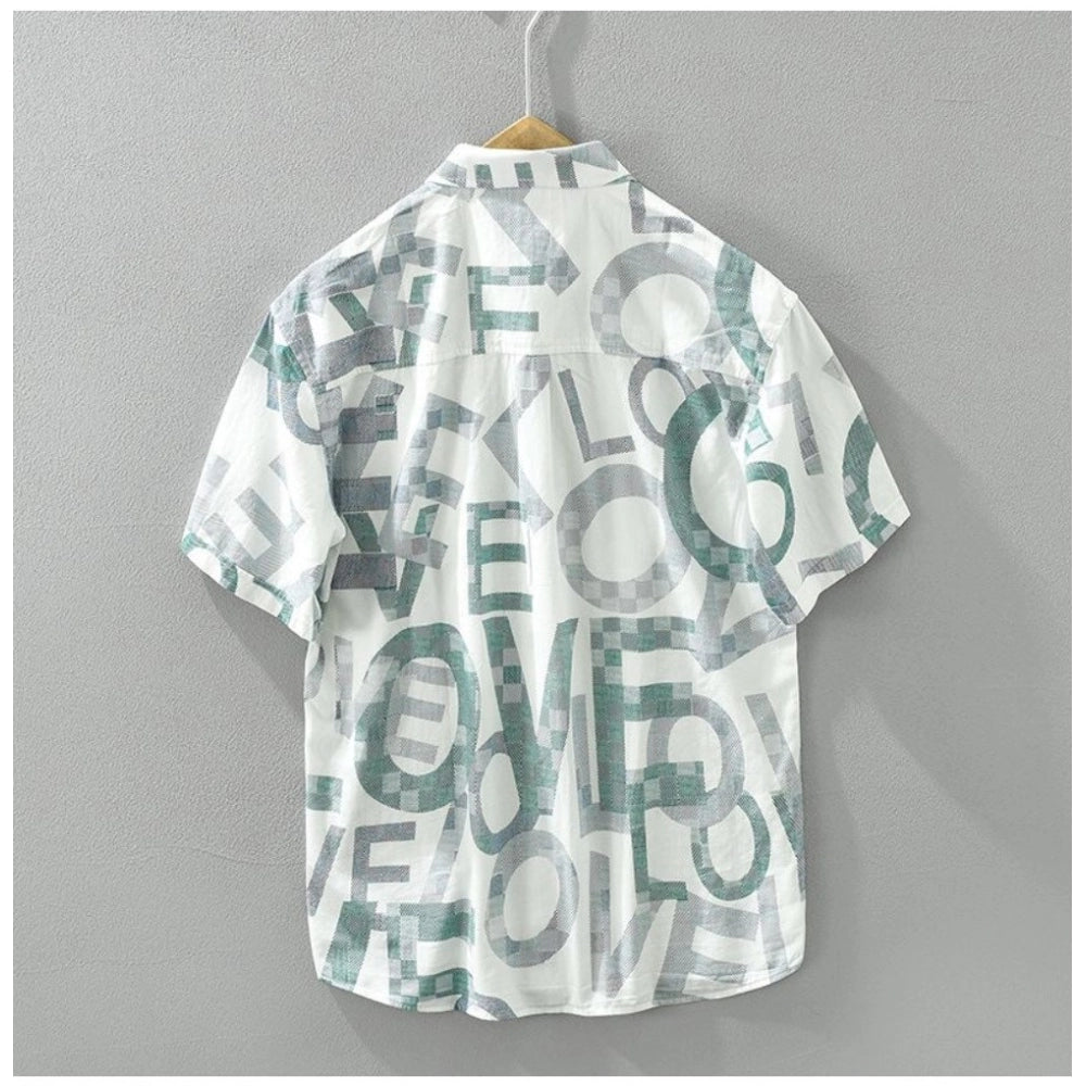Amfyn Men's Casual Cotton Printed 3-4th Sleeve Collar Shirt (White )