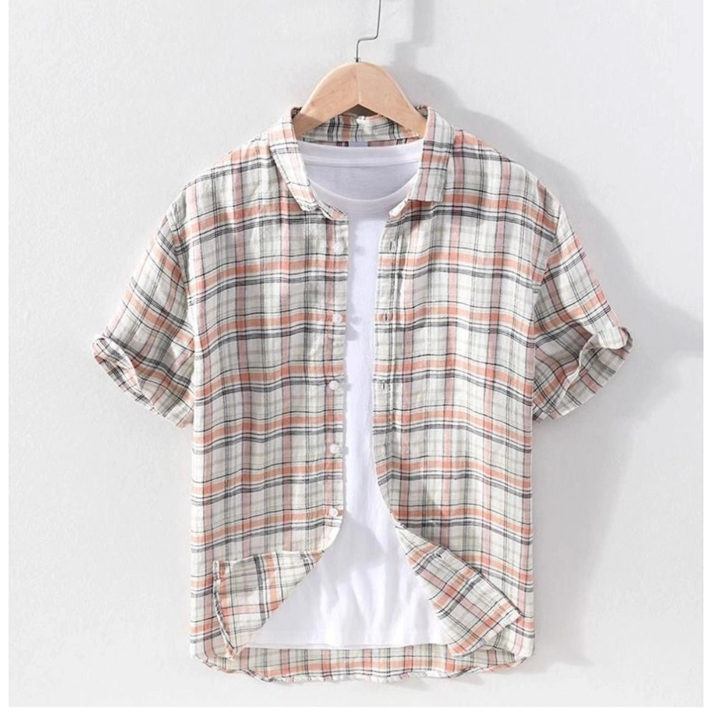 Amfyn Men's Casual Cotton Checked 3-4th Sleeve Collar Shirt (Orange)