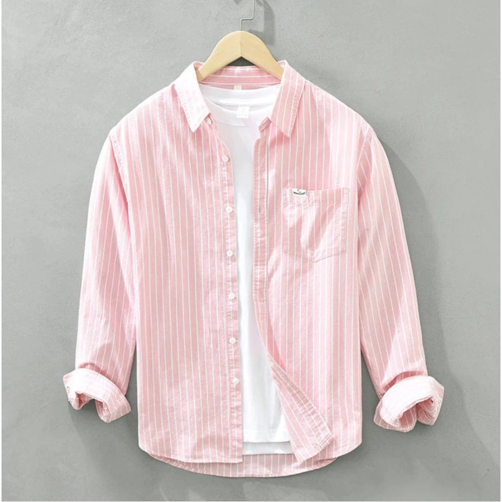Amfyn Men's Casual Cotton Striped Full Sleeve Collar Shirt (Pink)
