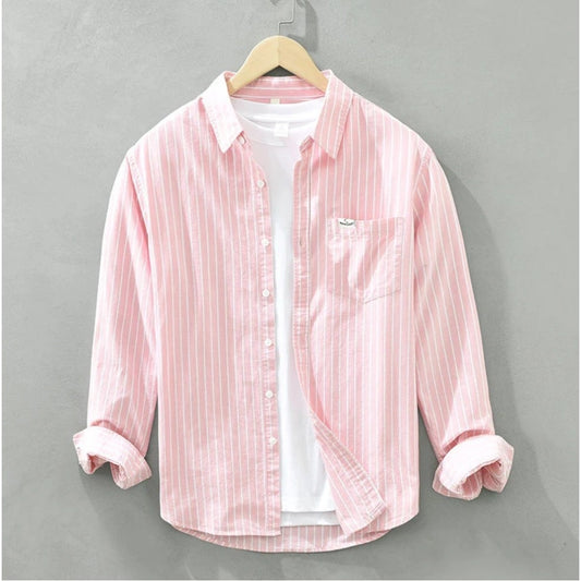 Amfyn Men's Casual Cotton Striped Full Sleeve Collar Shirt (Pink)