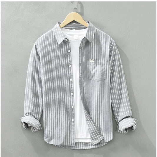 Amfyn Men's Casual Cotton Striped Full Sleeve Collar Shirt (Grey)