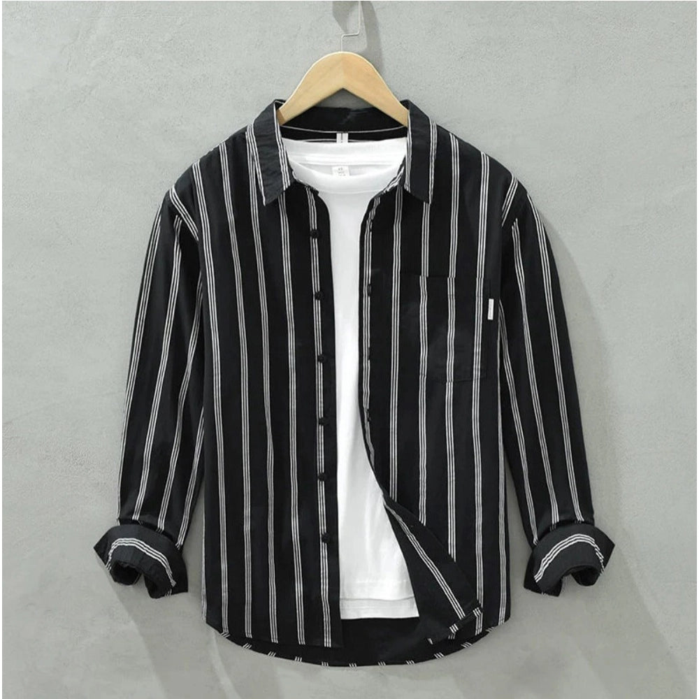 Amfyn Men's Casual Cotton Striped Full Sleeve Collar Shirt (Black)