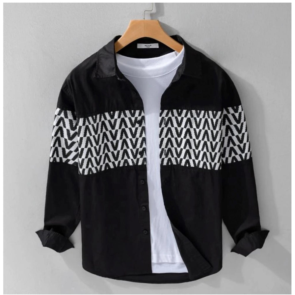 Amfyn Men's Casual Cotton Printed Full Sleeve Collar Shirt (Black)