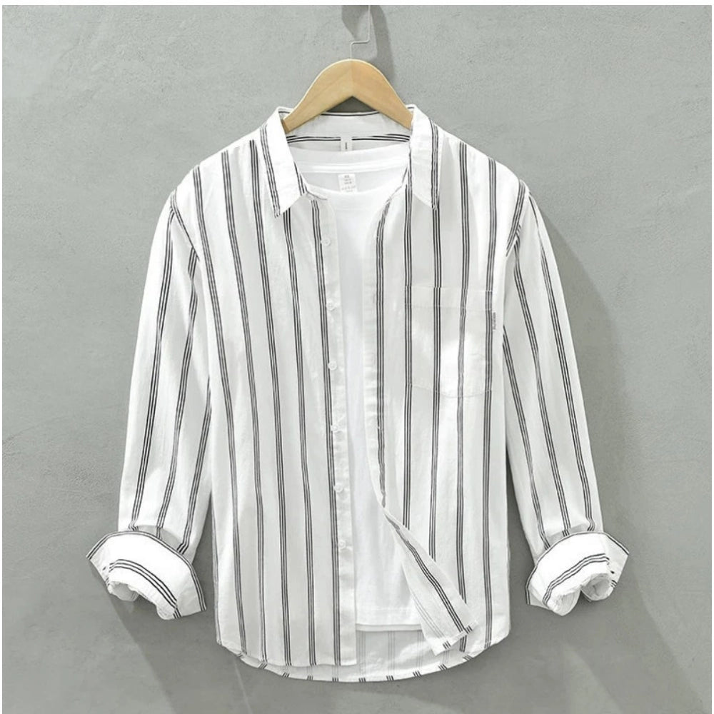 Amfyn Men's Casual Cotton Striped Full Sleeve Collar Shirt (White)