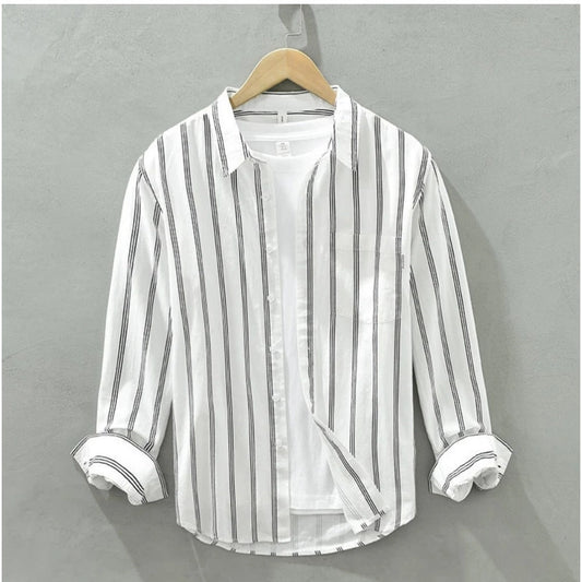 Amfyn Men's Casual Cotton Striped Full Sleeve Collar Shirt (White)