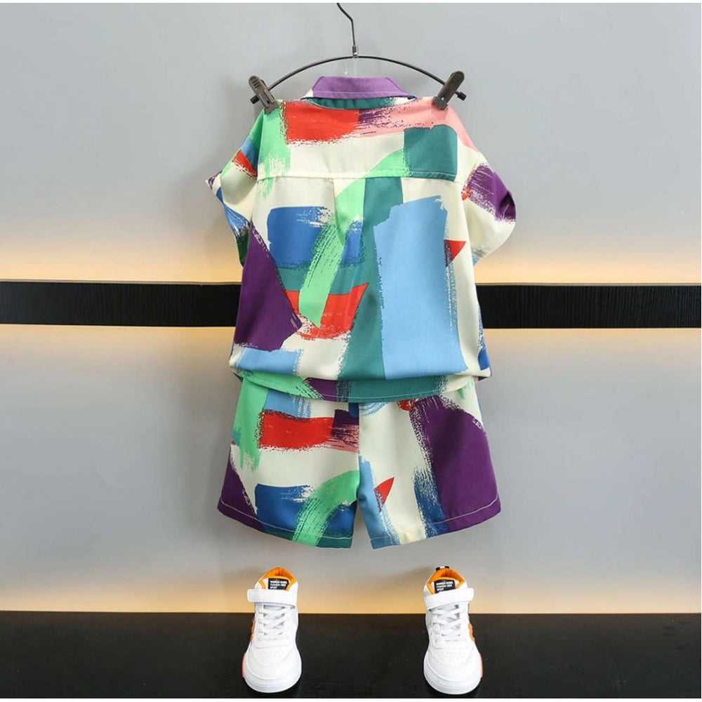 Amfyn Boy's Lycra Blend Printed Short Sleeve Shirt and Shorts Set (MultiColor)