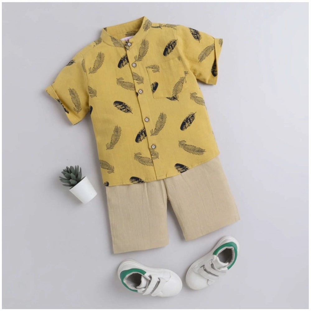 Amfyn Boy's Cotton Blend Printed Short Sleeve Shirt and Shorts Set (Yellow)