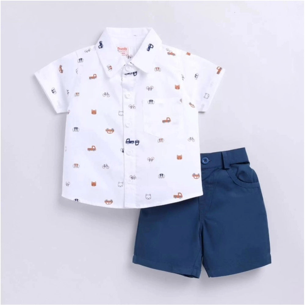 Amfyn Boy's Cotton Blend Printed Short Sleeve Shirt and Shorts Set (White)