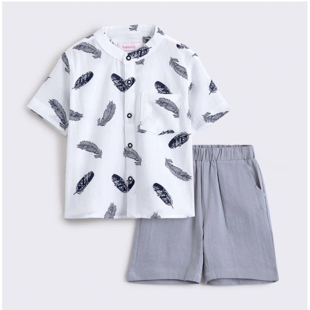 Amfyn Boy's Cotton Blend Printed Short Sleeve Shirt and Shorts Set (White)